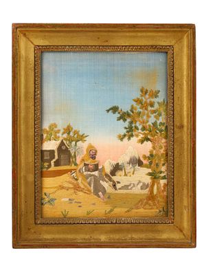 AN ENGLISH RELIGIOUS NEEDLEWORK PICTURE, CIRCA 1810. Worked in polychrome silk threads on a silk 