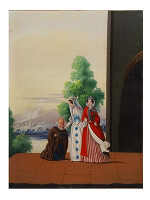 A EUROPEAN GENRE OIL PAINTING, "GIVING ALMS", 19TH CENTURY. Oil on canvas, depicting two finely 