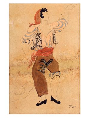 A MIXED MEDIA PAINTING ON CARDBOARD, SIGNED "PICASSO," 20TH CENTURY. Watercolor, gouache, and 