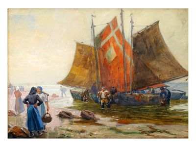 A WATERCOLOR AND GOUACHE PAINTING BY FROSD. FROSD (Early 20th Century). 
"Fishing Boats with 