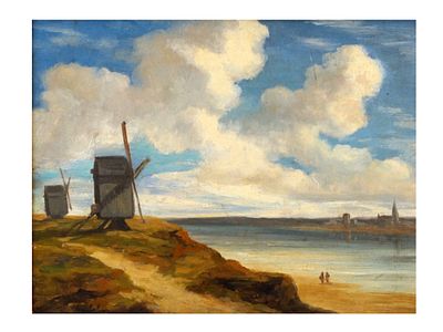 A LATE 19TH C. FRENCH SCHOOL OIL PAINTING OF A LANDSCAPE WITH WINDMILLS. French School, an oil 