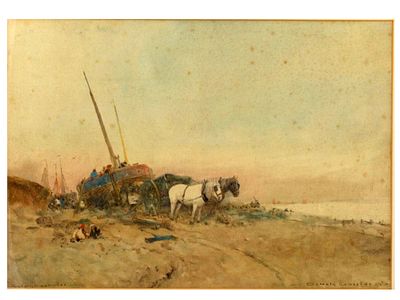 OSWALD GARSIDE (1879–1942), A WATERCOLOR COASTAL SCENE WITH HORSES AND BEACHED VESSELS. Watercolo 