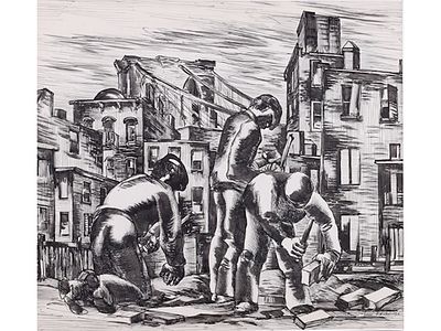 AN AMERICAN INK ON PAPER PAINTING BY LOUIS WOLCHONOCK. Louis Wolchonok (American, 1898 - 1973) 