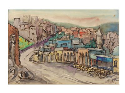 A ZVI EHRMAN (POLISH, 1903-1993) WATERCOLOR PAINTING OF AN ISRAELI VILLAGE. Zvi Ehrman (Polish 