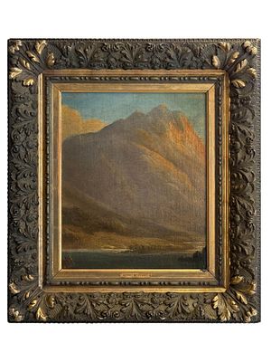ATTRIBUTED TO ALBERT BIERSTADT (AMERICAN, 1830–1902) MOUNTAIN LANDSCAPE WITH LAKE. Oil on board. 