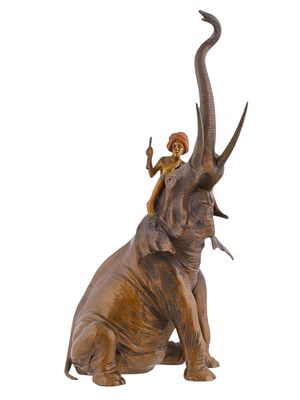 A FRANZ XAVIER BERGMANN COLD PAINTED VIENNA BRONZE, INDIAN BOY RIDING ELEPHANT, AUSTRIA. A 