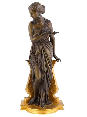 A FRENCH BRONZE, WOMAN CARRYING AN OIL LAMP, AUGUSTE JOSEPH PEIFFER (1832-1886), 19TH CENTURY. A 