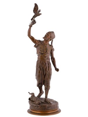 A FRENCH BRONZE, ARAB WITH A FALCON, P. J. MENE (1810-1879), 19TH CENTURY. An orientalist French 