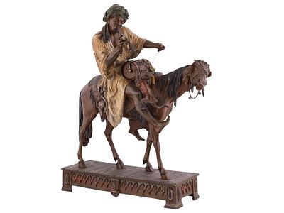 A COLD-PAINTED FRENCH BRONZE, ARAB MUSICIAN ON HORSEBACK, ARTHUR WAAGEN (1833-1898). A 