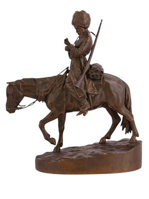 A RUSSIAN BRONZE SCULPTURE OF A MOUNTED COSSACK MUSICIAN, BY ALBERT MORITZ WOLFF, LATE 19TH CENTURY