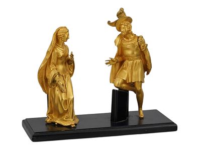 TWO BEAUTIFULLY GILT FIGURES MOUNTED ON A BLACK MARBLE BASE, FRANCE, 19TH CENTURY. A 