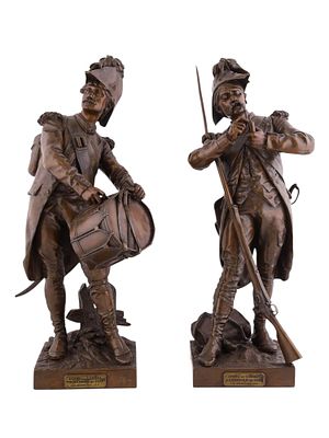 A PAIR OF ETIENNE-HENRI DUMAIGE (FRENCH 1830-1888) BRONZE FIGURES, 'AVANT LE COMBAT ET APR&Egrave;S LE 