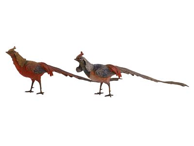 A PAIR OF VIENNA BRONZE COLD-PAINTED PHEASANTS, C.1900. A pair of finely crafted Vienna bronze 