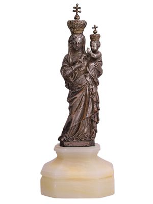 A SILVERED BRONZE RELIGIOUS SCULPTURE, MADONNA & CHILD, 19TH CEN. A silvered bronze figurine of 