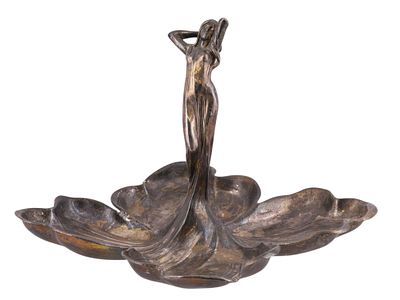 A WMF ART NOUVEAU JUGENDSTIL SILVER-PLATE TRAY, STANDING MAIDEN, C. 1910. A silver-plated tray 
