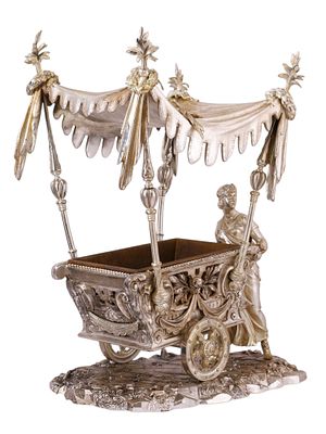 A RARE EUROPEAN ORIENTALIST SILVERED BRONZE PLANTER, GIRL PUSHING A CART, 19TH CENTURY. A large 