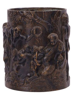 AN UNUSUAL CAST-BRONZE CYLINDER, CLASSICAL MOTIFS, 19TH CEN. A cylinder of cast-bronze 