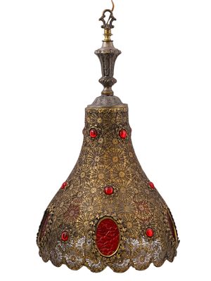 A MOORISH STYLE JEWELED OPENWORK METAL HANGING LAMP, LATE 19TH CENTURY. The lantern of bulbous 