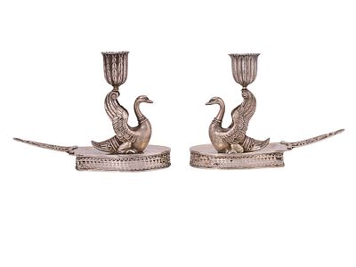A PAIR OF RUSSIAN SILVER SWAN-FORM CANDLESTICK HOLDERS, GOTTHARD FERDINAND STANG, ST PETERSBURG 
