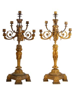 A PAIR OF FRENCH ORMOLU CANDELABRAS, 19TH CENTURY. Each finely cast in gilt bronze (ormolu), the 