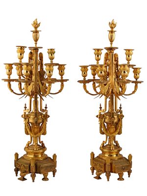 A PAIR OF FRENCH LOUIS XVI STYLE GILT-BRONZE CANDELABRAS, 19TH CENTURY. A pair of finely crafted 