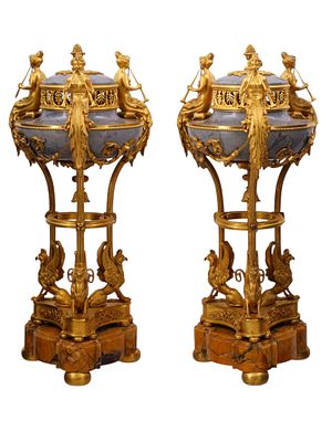 A PAIR OF ORMOLU AND MARBLE CASSOLETTES AFTER THOMIRE, 19TH CENTURY. A pair of French 