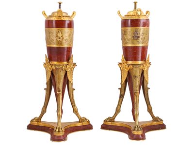 A PAIR OF FRENCH RED MARBLE URNS IN GILT BRONZE MOUNTS, 19TH CENTURY. A pair of French urns with 