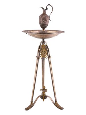 A FRENCH SILVERED-BRONZE TRI-POD STAND WITH EWER AND SERVING TRAY, 19TH CENTURY. The ensemble 