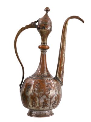 A PERSIAN COPPER EWER, QAJAR PERIOD, 19TH CENTURY. Of elegant pear-shaped form raised on a short 