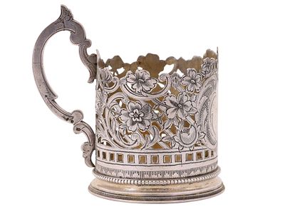 СЕРЕБРЯНЫЙ АЖУРНЫЙ ПОДСТАКАННИК В СТИЛЕ ИСТОРИЗМА, ЧАСТНАЯ МАСТЕРСКАЯ СЕМЕНА КАЗАКОВА, МОСКВА 