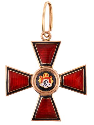 AN IMPERIAL RUSSIAN ORDER OF SAINT VLADIMIR, THIRD CLASS, GOLD AND ENAMEL, BY KEIBEL, CIRCA 1900. 