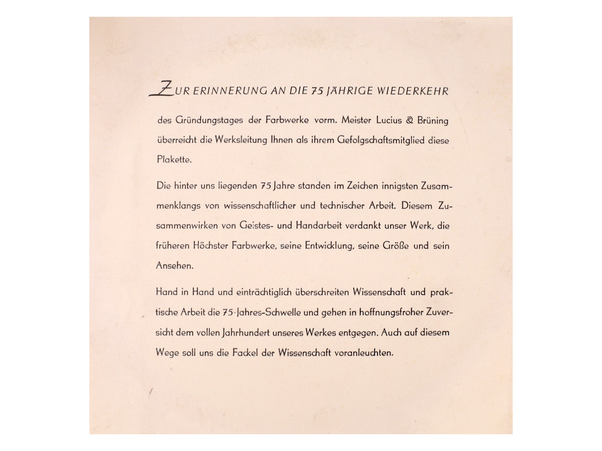 AN IG FARBEN / MEISTER LUCIUS & BRÜNING 75TH ANNIVERSARY COMMEMORATIVE PLAQUE, 1938