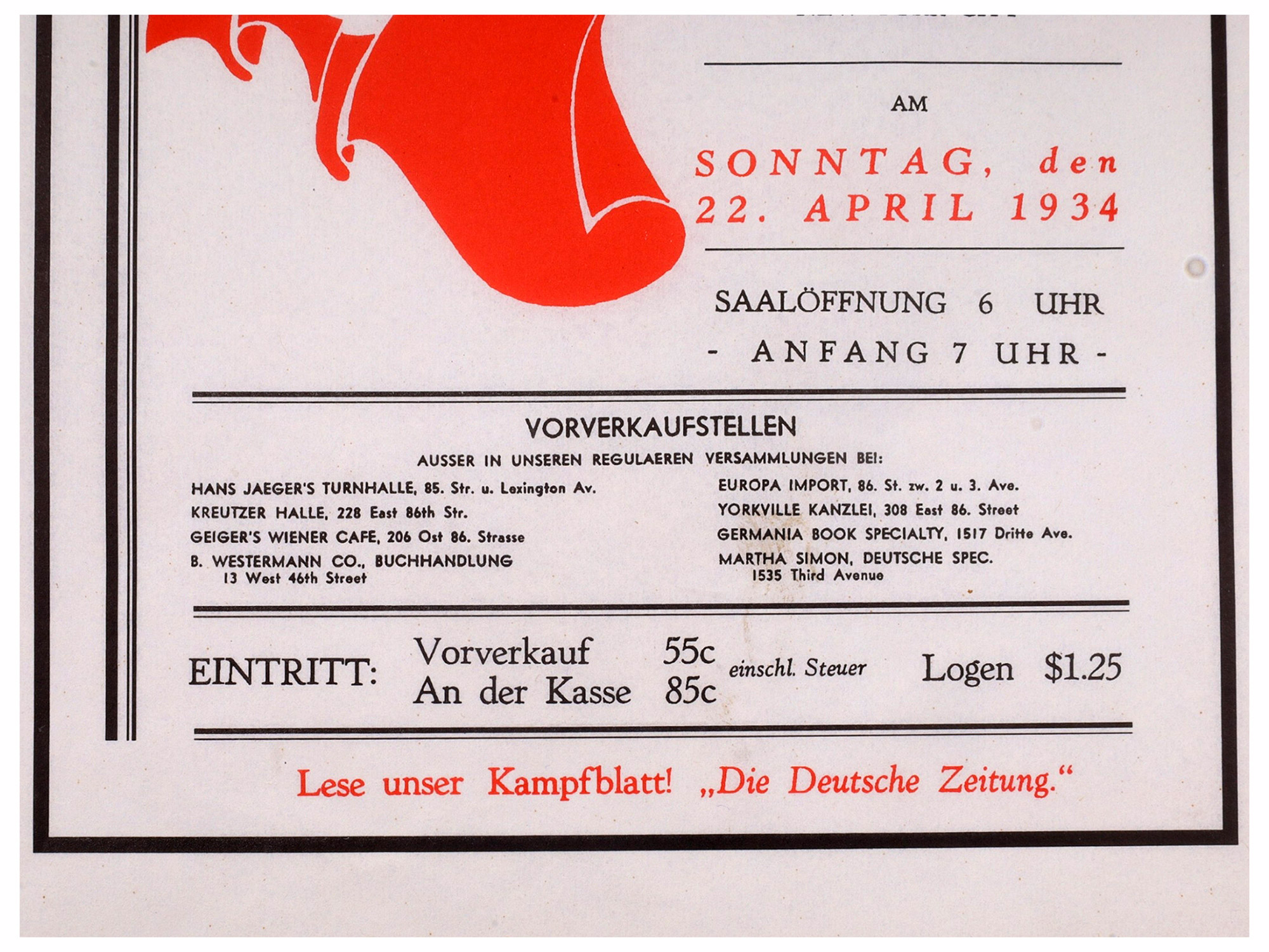 ADOLF HITLER BIRTHDAY CELEBRATION POSTER, YORKVILLE CASINO, NEW YORK CITY, 1934