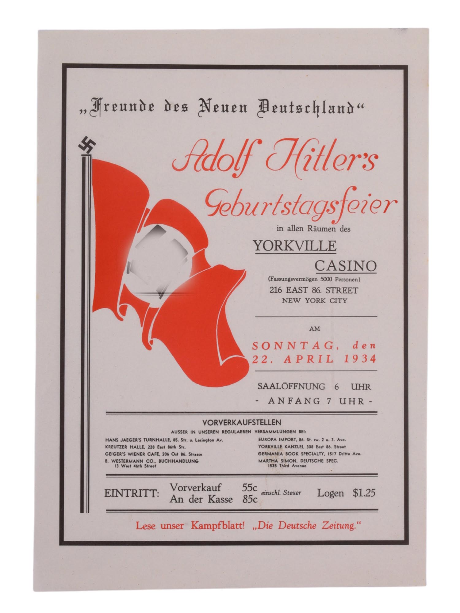 ADOLF HITLER BIRTHDAY CELEBRATION POSTER, YORKVILLE CASINO, NEW YORK CITY, 1934