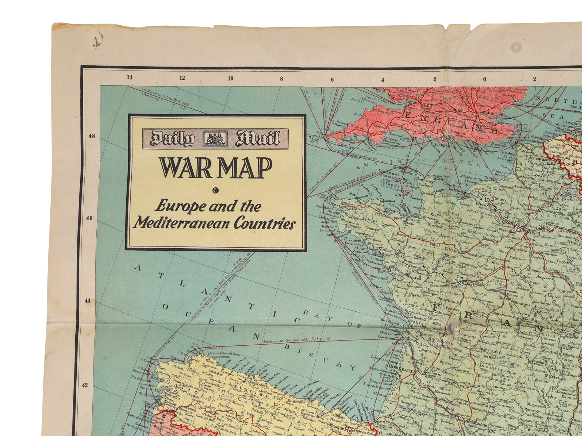 1940 WORLD WAR 2 DAILY MAIL WAR MAP, EUROPE AND THE MEDITERRANEAN COUNTRIES