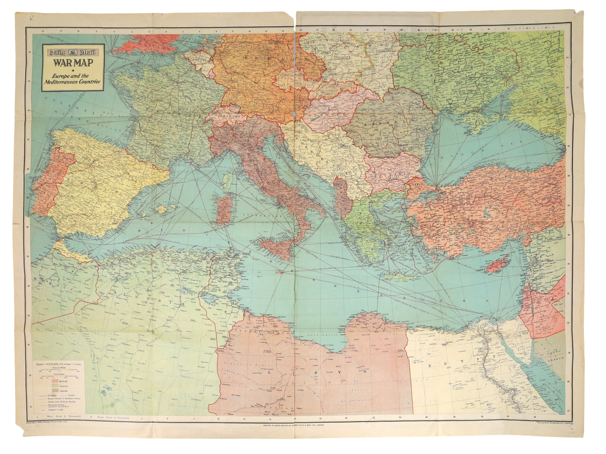 1940 WORLD WAR 2 DAILY MAIL WAR MAP, EUROPE AND THE MEDITERRANEAN COUNTRIES