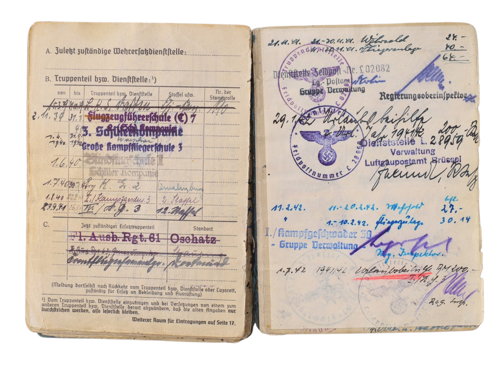 A LUFTWAFFE SOLDBUCH AND PERSONALAUSWEIS TO JOHANN WIESNIEWSKI, COMBAT AIRCREW NCO, 1939–1942