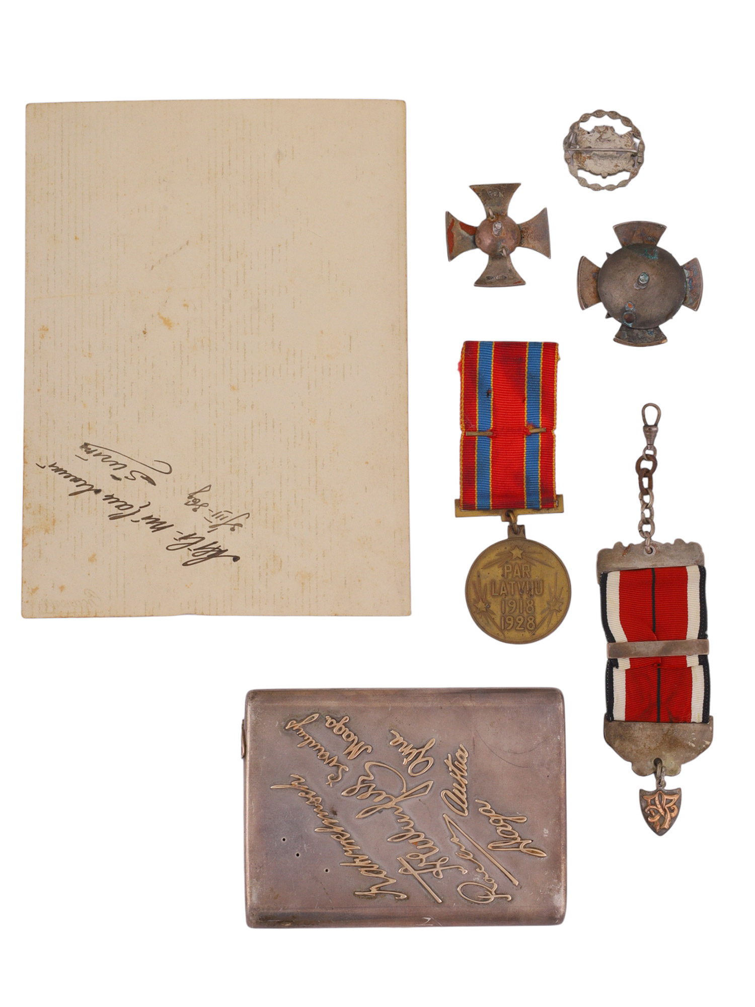A LATVIAN MILITARY VETERAN'S GROUPING WITH PHOTOGRAPH, AWARDS AND PRESENTATION CIGARETTE CASE