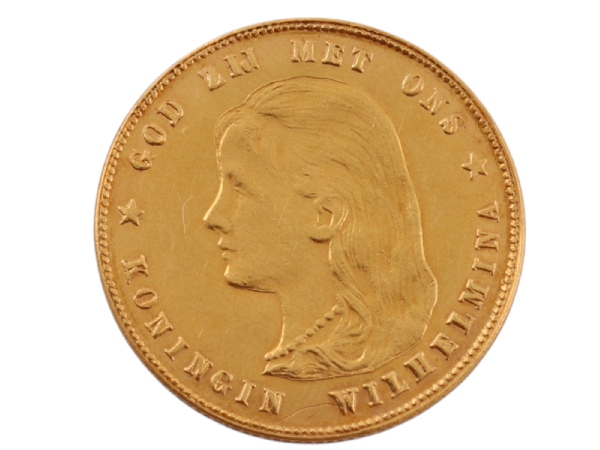 AN 1897 10 GULDEN WILHEMINA COIN, KINGDOM OF THE NETHERLANDS