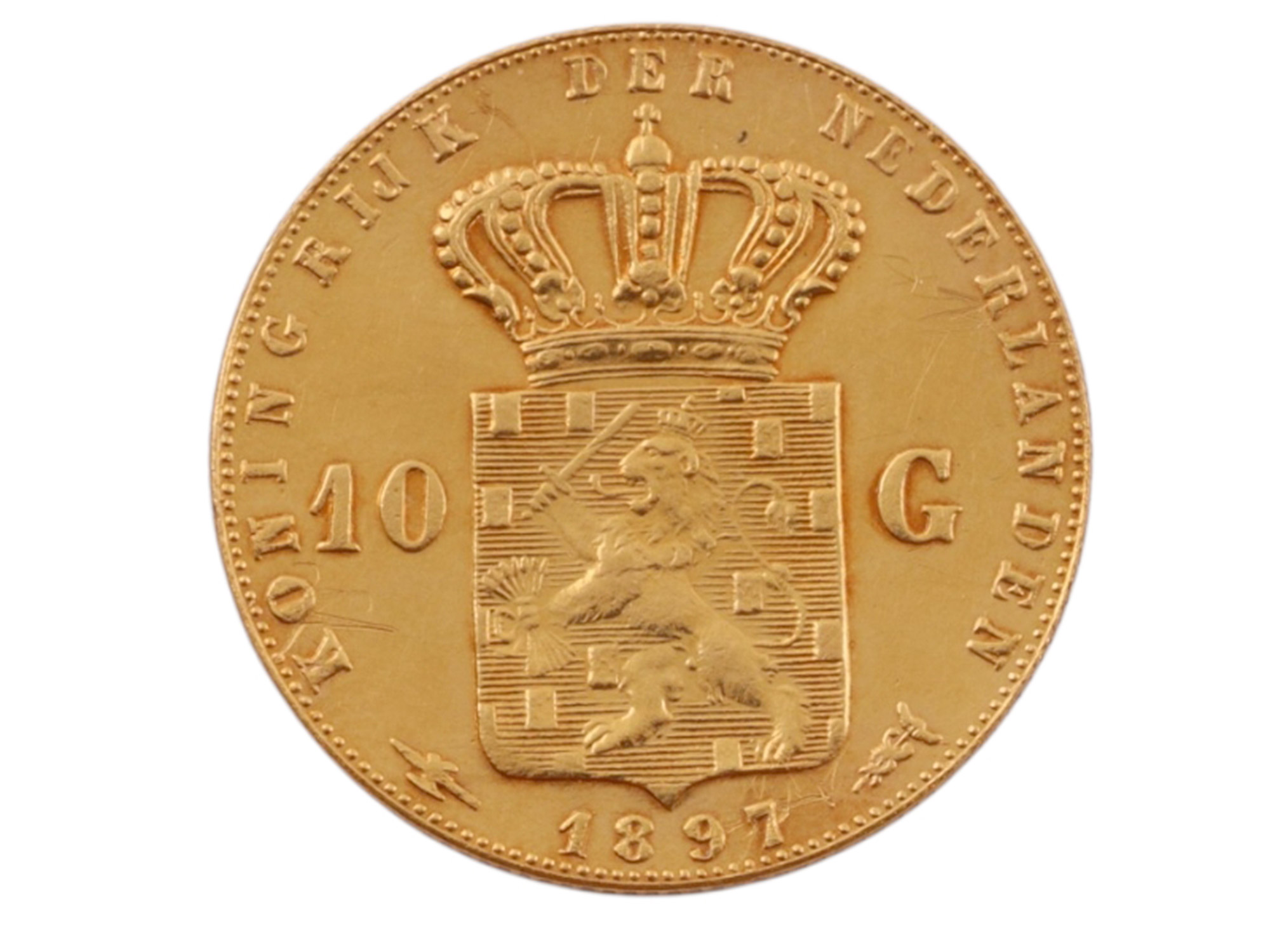 AN 1897 10 GULDEN WILHEMINA COIN, KINGDOM OF THE NETHERLANDS