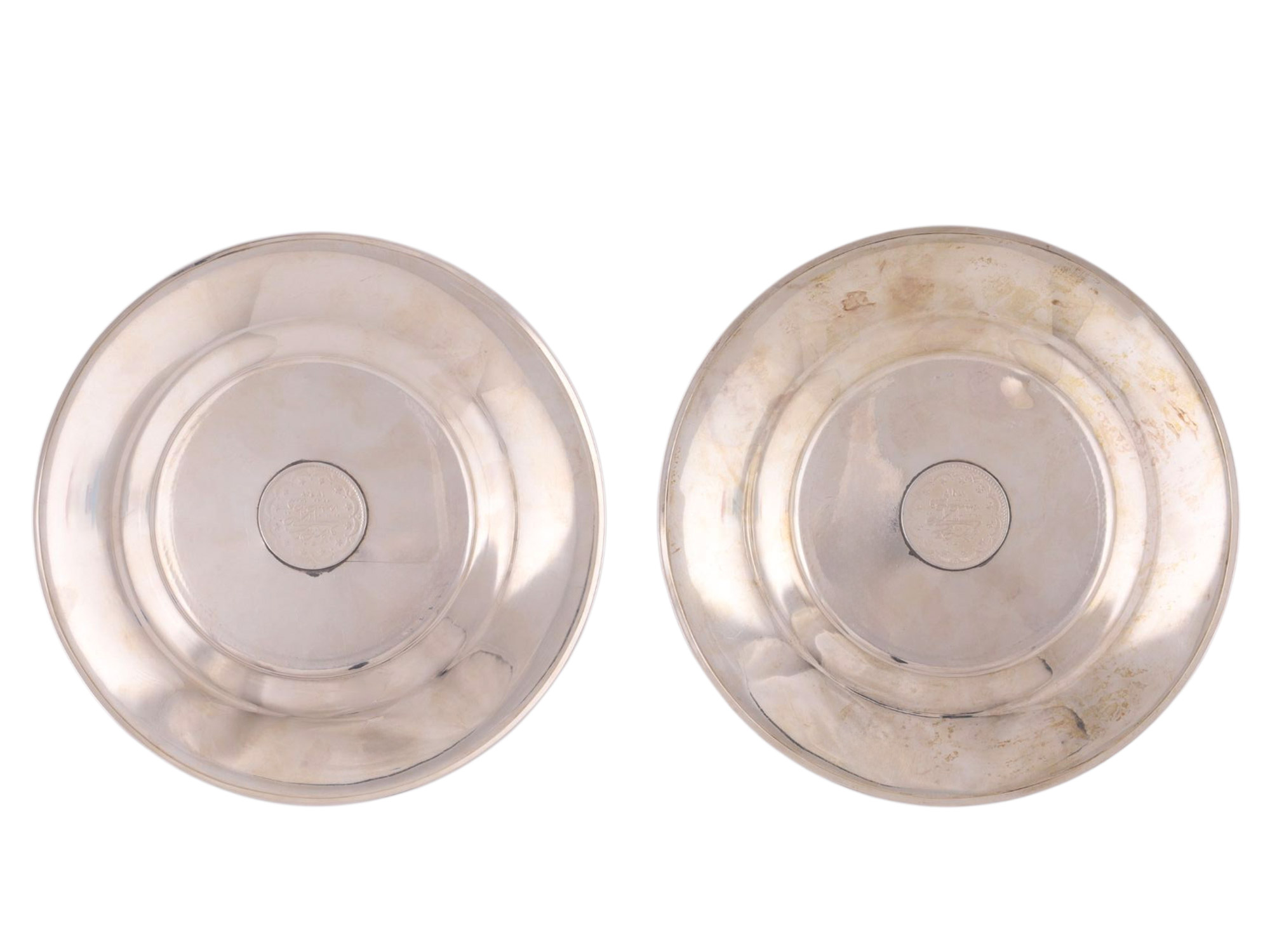 A PAIR OF TURKISH SILVER PLATES WITH COINS AND TUGHRA MARKS
