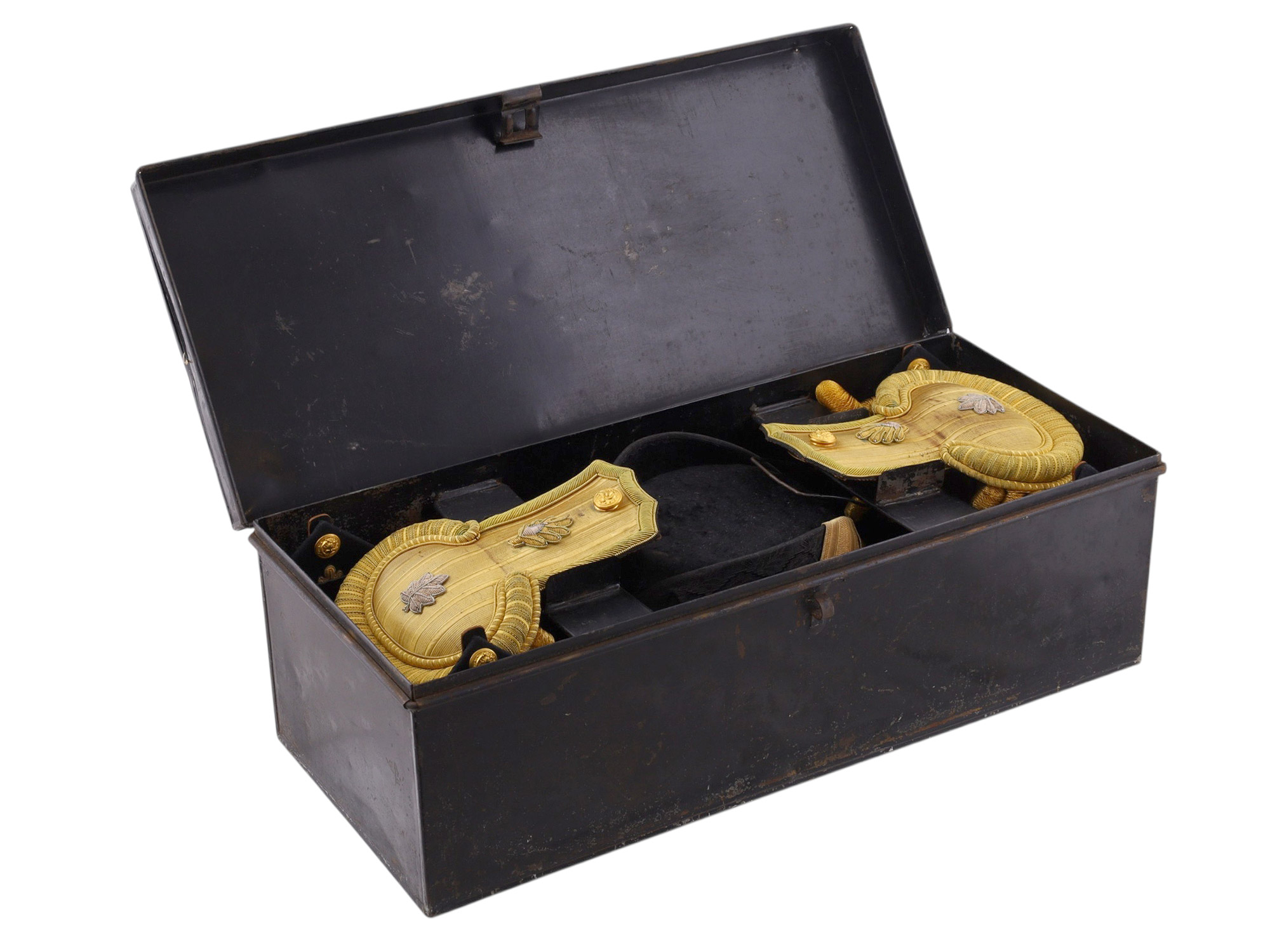 A BRITISH ROYAL NAVY CAPTAIN'S FULL DRESS BICORNE HAT AND EPAULETTES IN A TOLE CASE