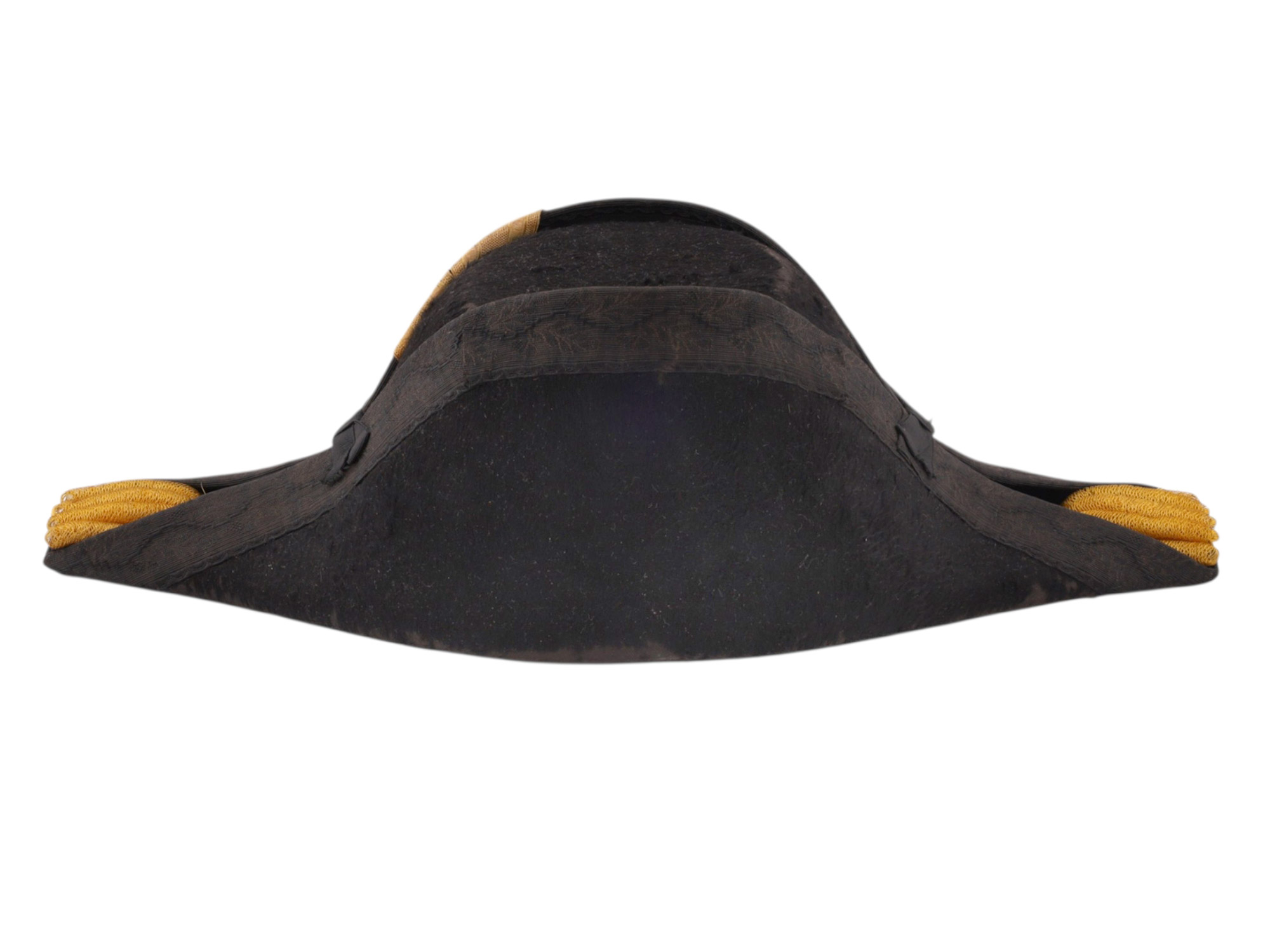 A BRITISH ROYAL NAVY CAPTAIN'S FULL DRESS BICORNE HAT AND EPAULETTES IN A TOLE CASE