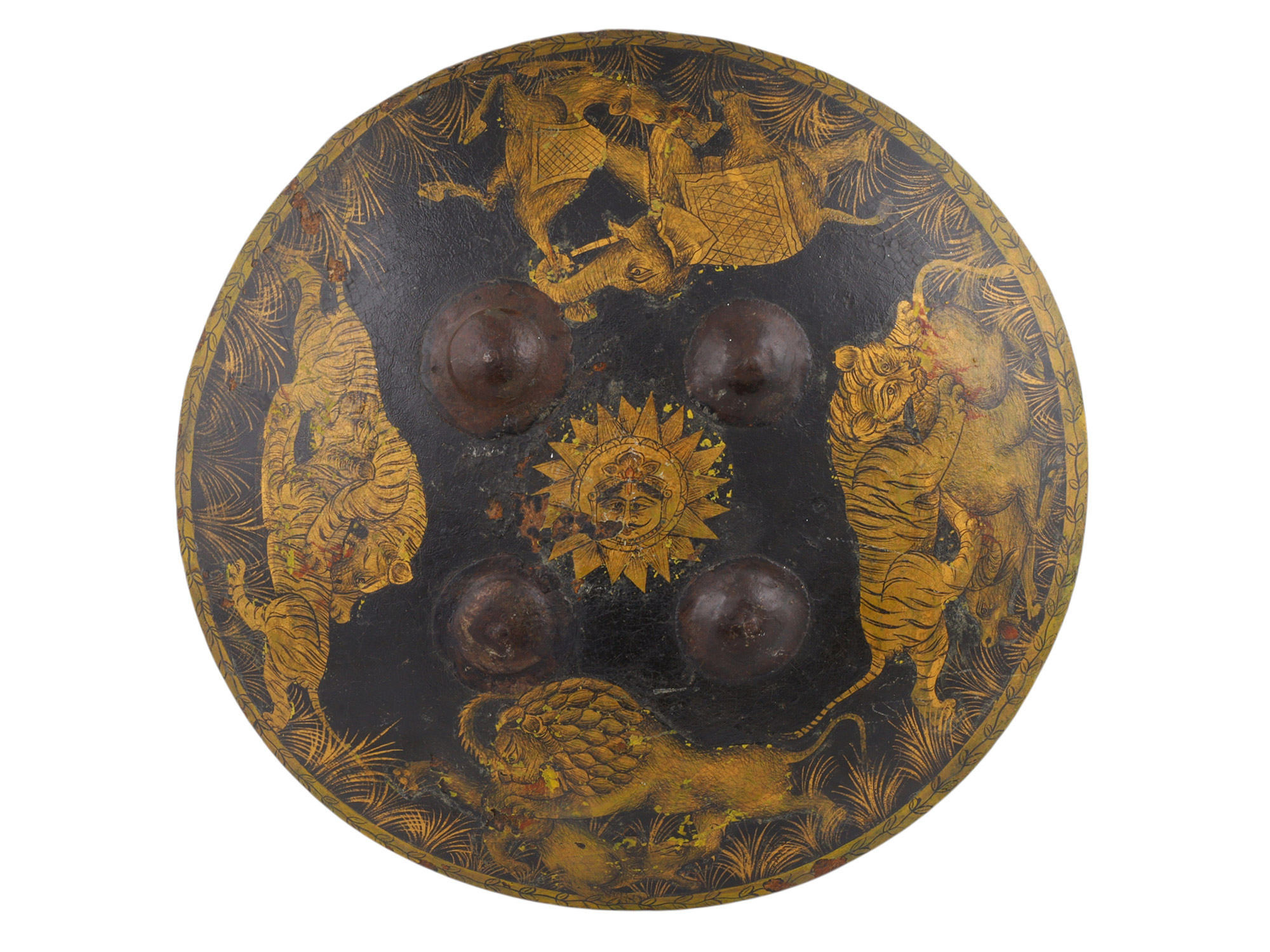 AN INDIAN PAINTED AND GILT HIDE DHAL SHIELD, LATE 19TH CENTURY