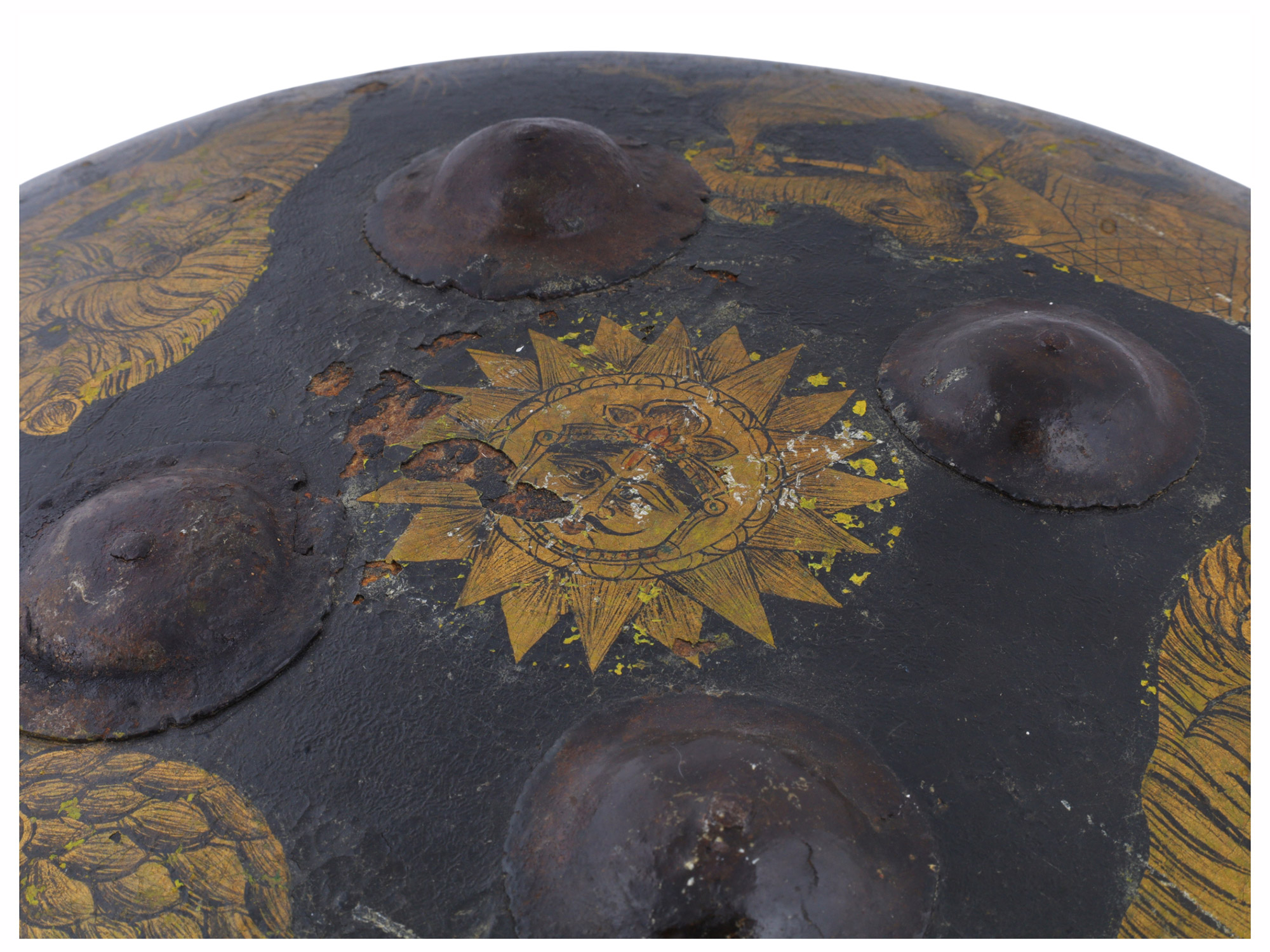 AN INDIAN PAINTED AND GILT HIDE DHAL SHIELD, LATE 19TH CENTURY