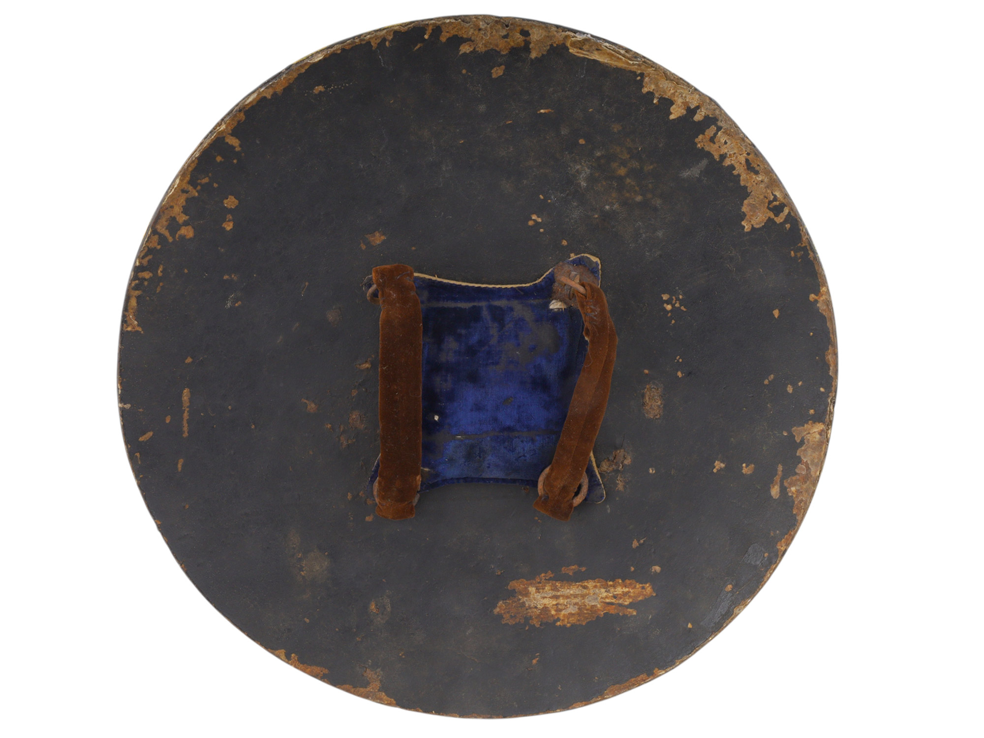 AN INDIAN PAINTED AND GILT HIDE DHAL SHIELD, LATE 19TH CENTURY