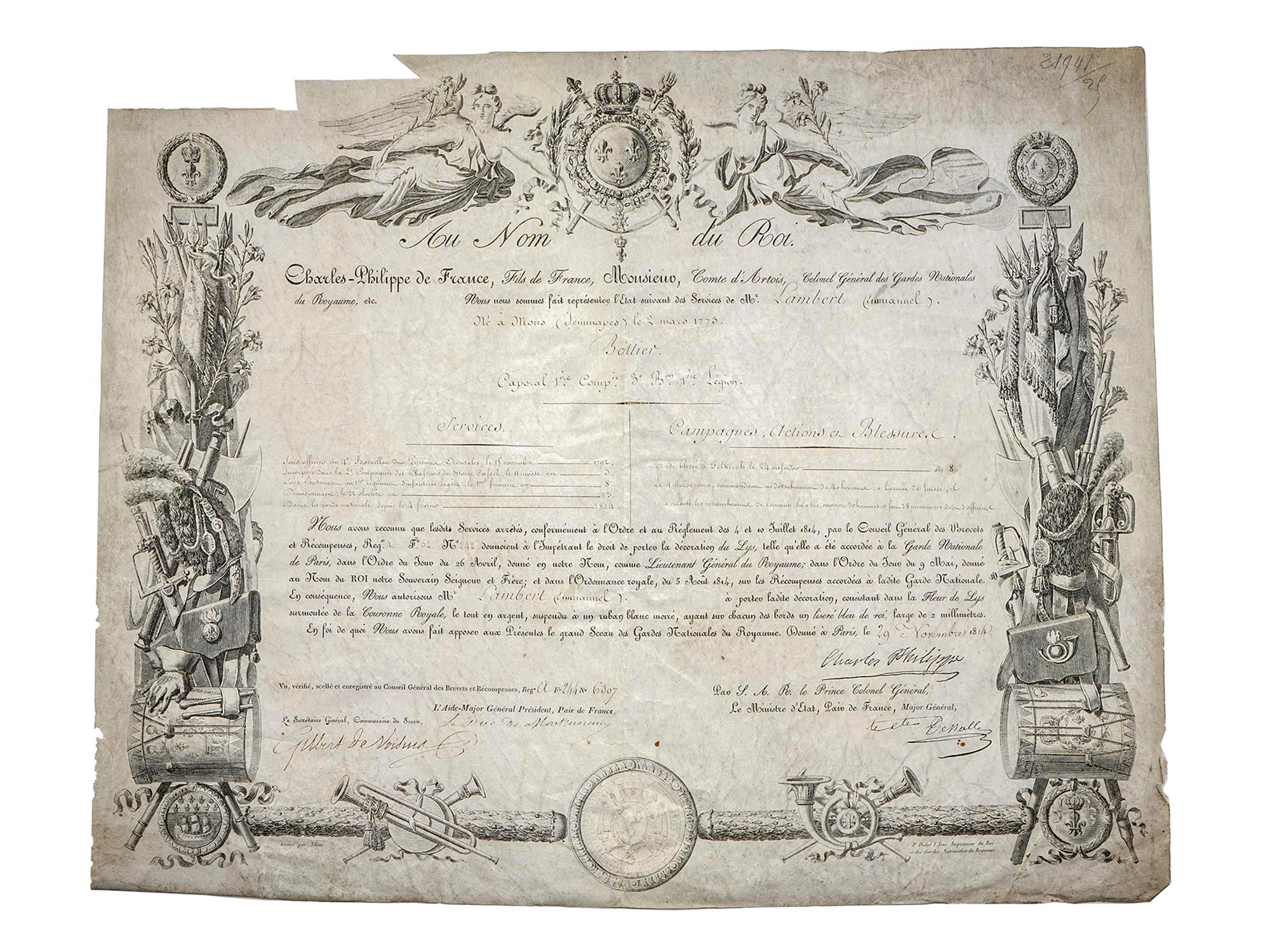 AN 1814 BOURBON RESTORATION AWARD CITATION, REIGN OF LOUIS XVIII