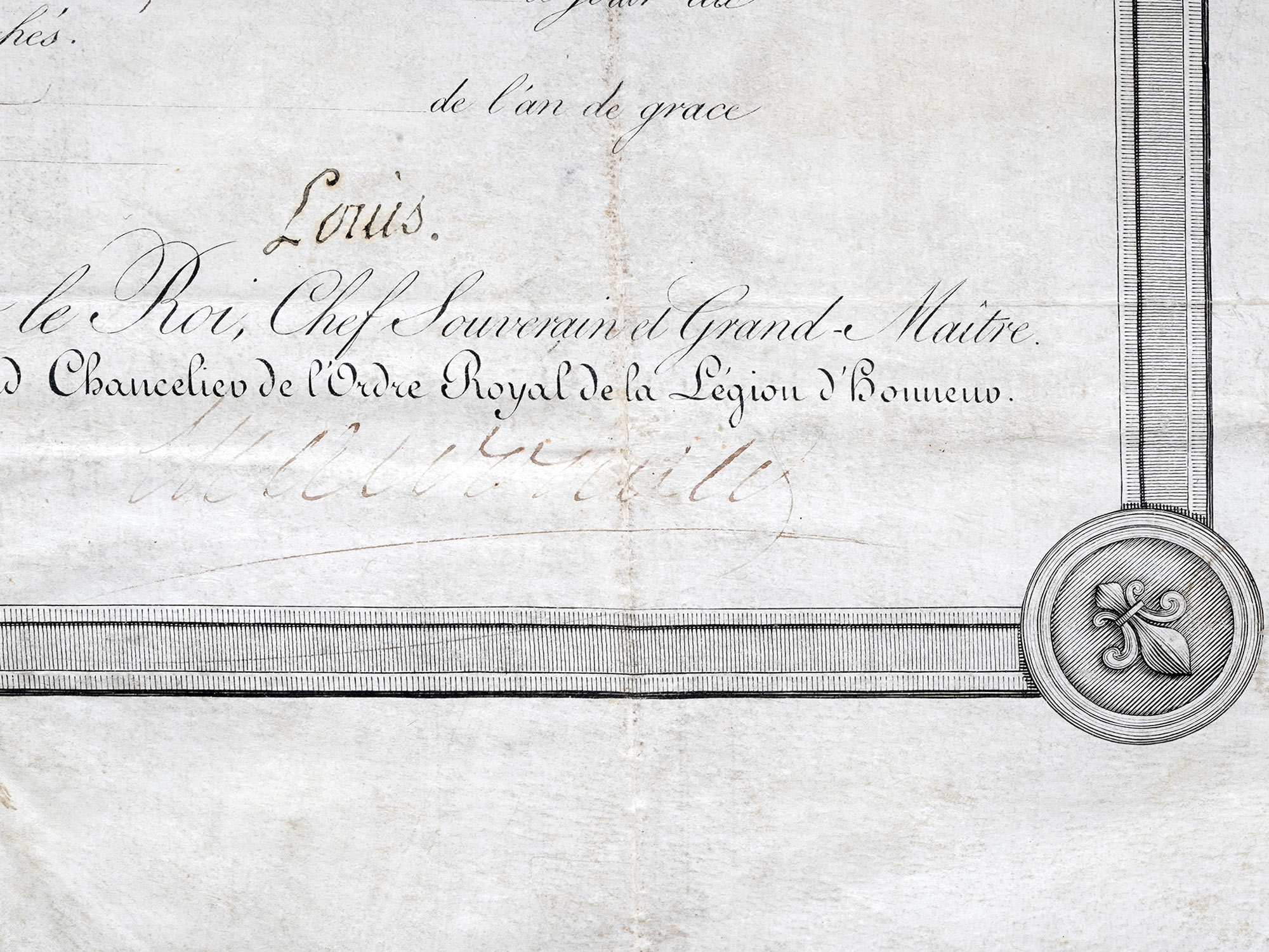 AN 1819 FRENCH LEGION OF HONOR CITATION, REIGN OF LOUIS XVIII