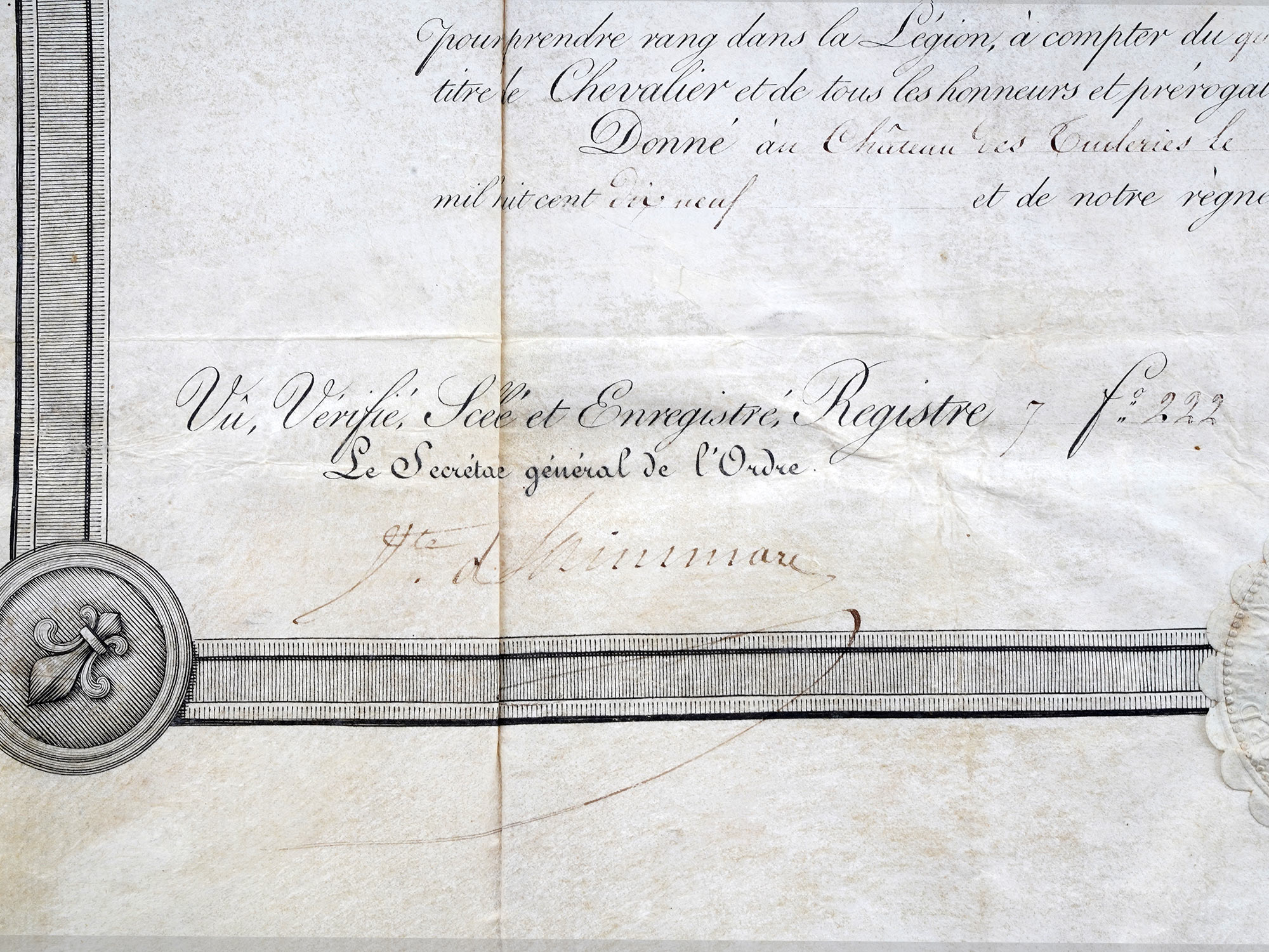 AN 1819 FRENCH LEGION OF HONOR CITATION, REIGN OF LOUIS XVIII