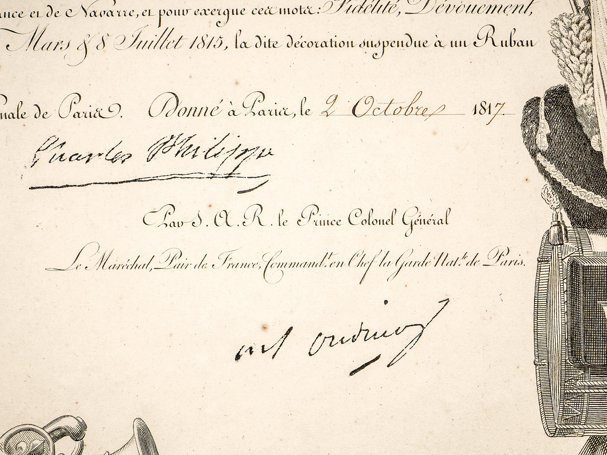 AN 1817 FRENCH AWARD CITATION, REIGN OF LOUIS XVIII